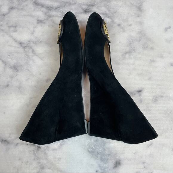 Tory Burch Luna Black Suede Medallion Logo Wedge Pumps - Picture 6 of 11